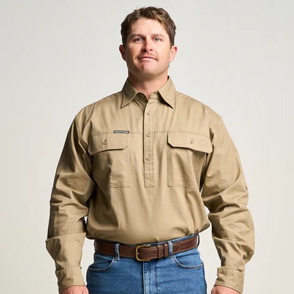 KILCOY | Mens Half Button Long Sleeve Work Shirt - Khaki Thumbnail